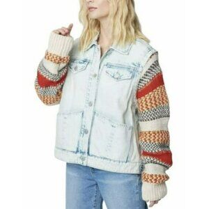 BLANK NYC $198 Large Happy Promises Striped Knit Denim Trucker Jacket NWT